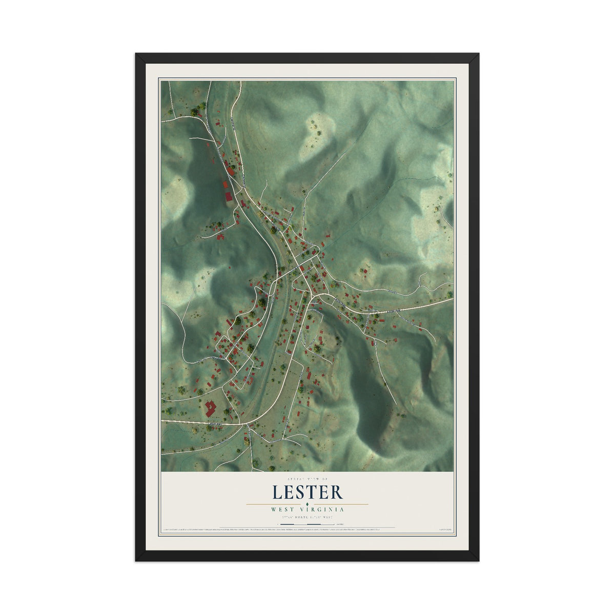 Map of Lester, West Virginia, 12 x 18 inch print in a black wood frame