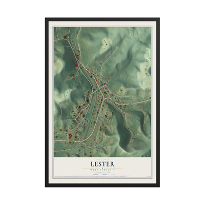 Map of Lester, West Virginia, 12 x 18 inch print in a black wood frame