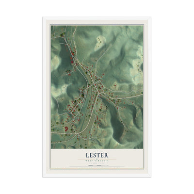 Map of Lester, West Virginia, 12 x 18 inch print in a white wood frame