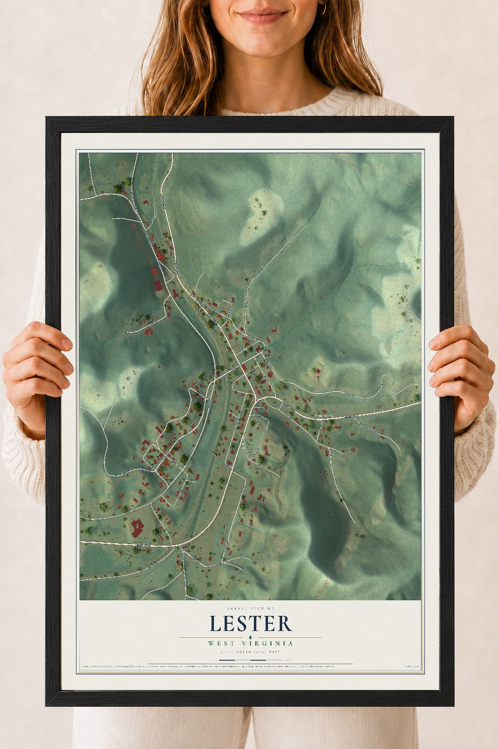 Map of Lester, West Virginia, 18 x 24 inch print in a black wood frame