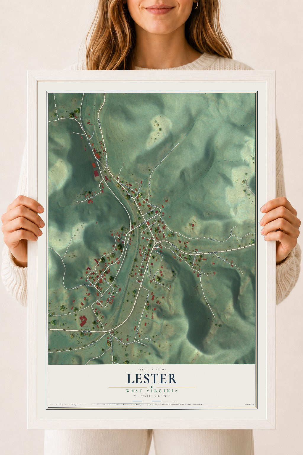 Map of Lester, West Virginia, 18 x 24 inch print in a white wood frame