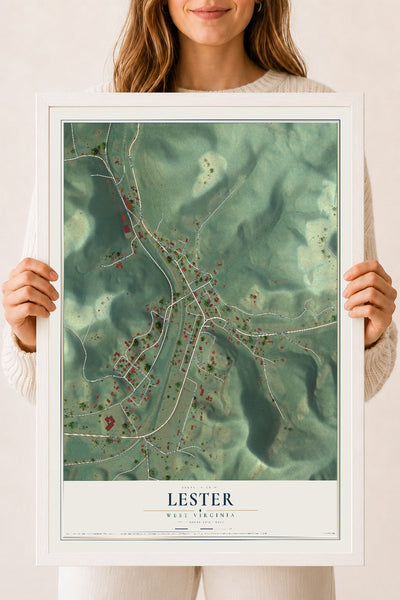 Map of Lester, West Virginia, 18 x 24 inch print in a white wood frame