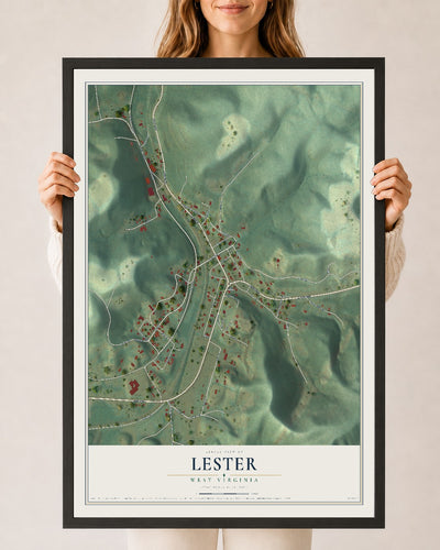 Map of Lester, West Virginia, 24 x 36 inch print in a black wood frame