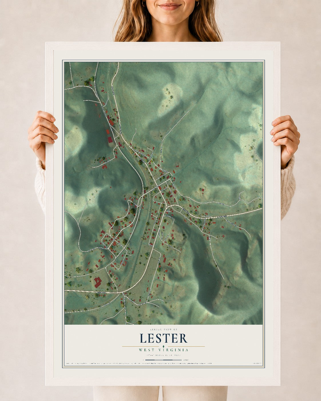 Map of Lester, West Virginia, 24 x 36 inch print in a white wood frame