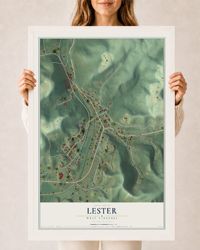 Map of Lester, West Virginia, 24 x 36 inch print in a white wood frame