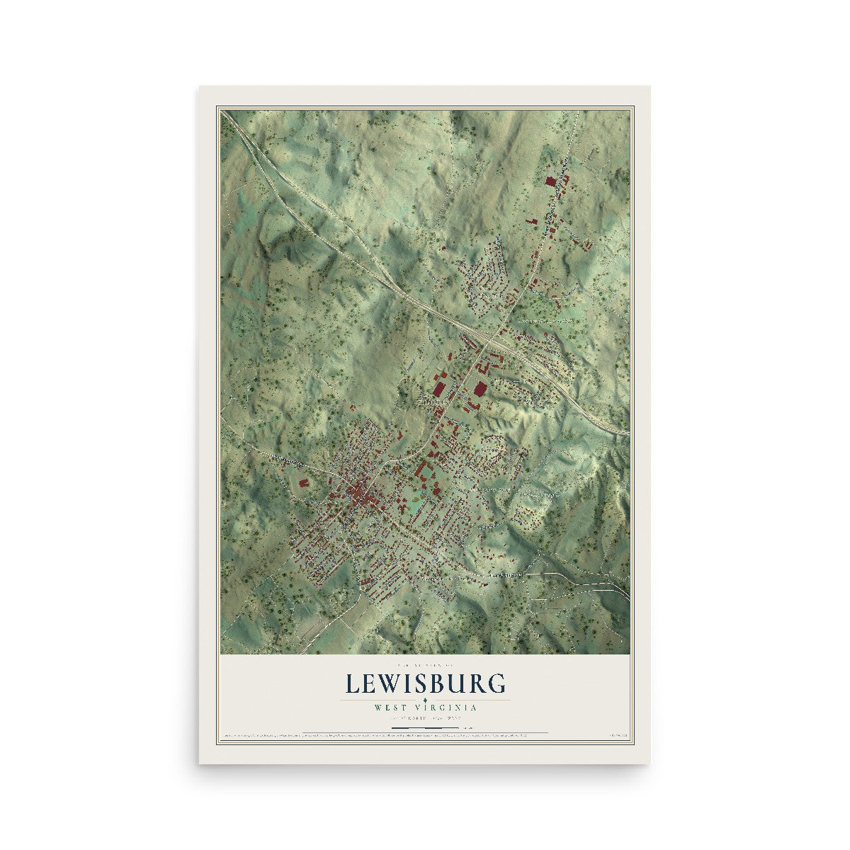 Map of Lewisburg, West Virginia, 12 x 18 inch unframed archival matte print