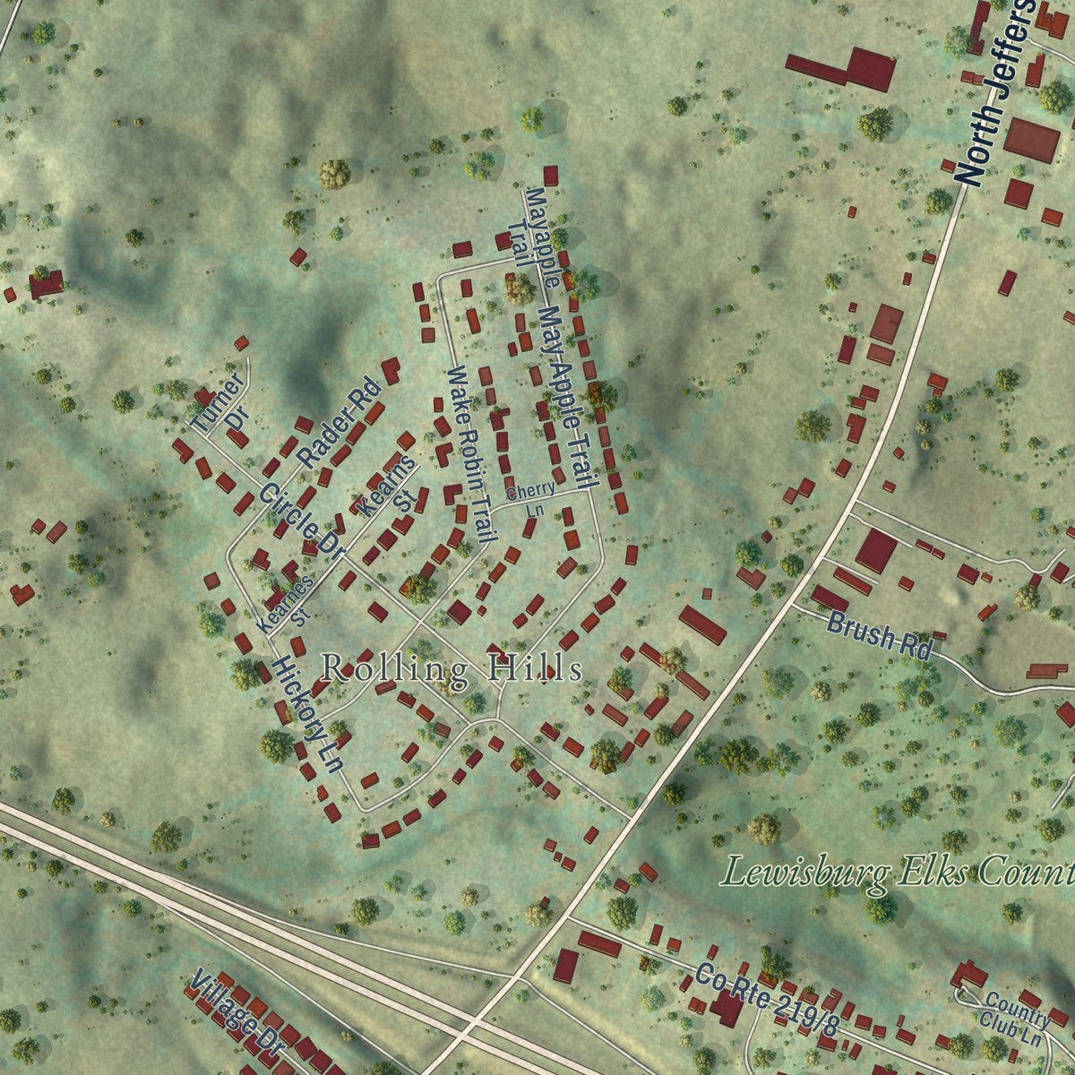 Second close-up of the map of Lewisburg, West Virginia print showing more streets and buildings