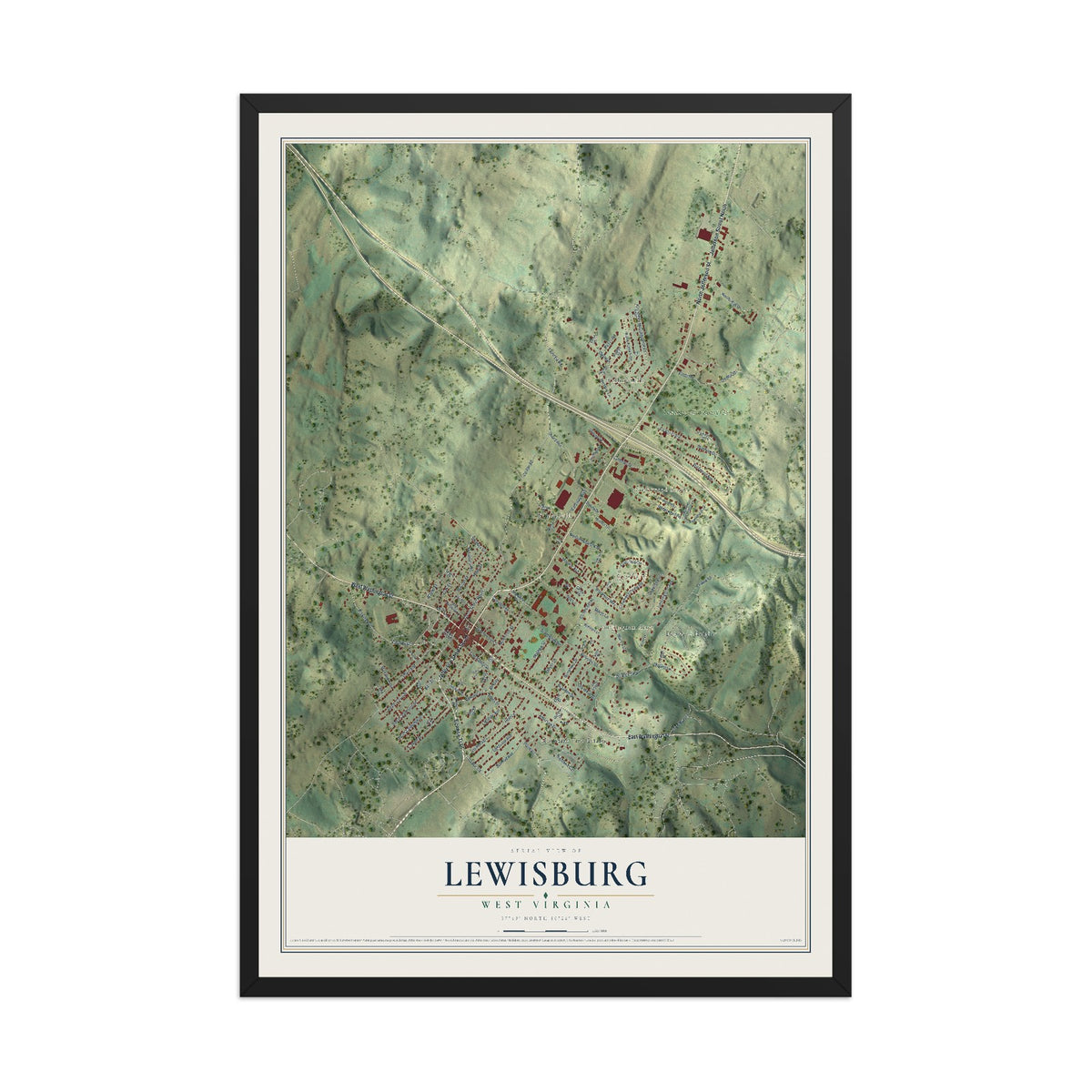 Map of Lewisburg, West Virginia, 12 x 18 inch print in a black wood frame