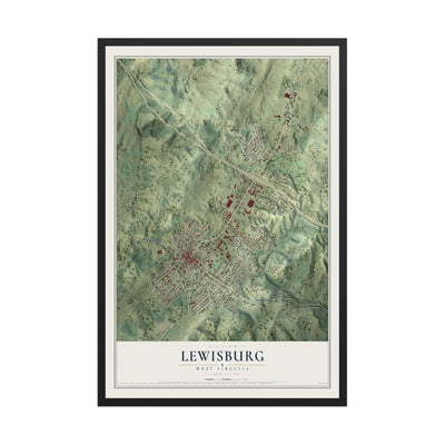 Map of Lewisburg, West Virginia, 12 x 18 inch print in a black wood frame