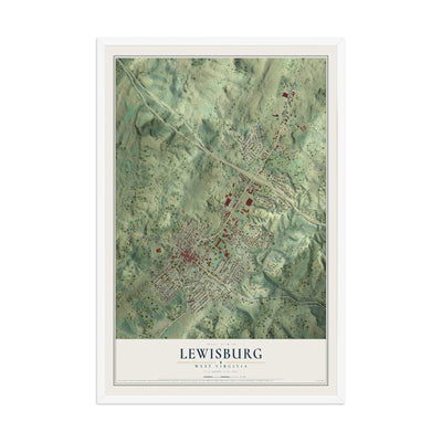 Map of Lewisburg, West Virginia, 12 x 18 inch print in a white wood frame