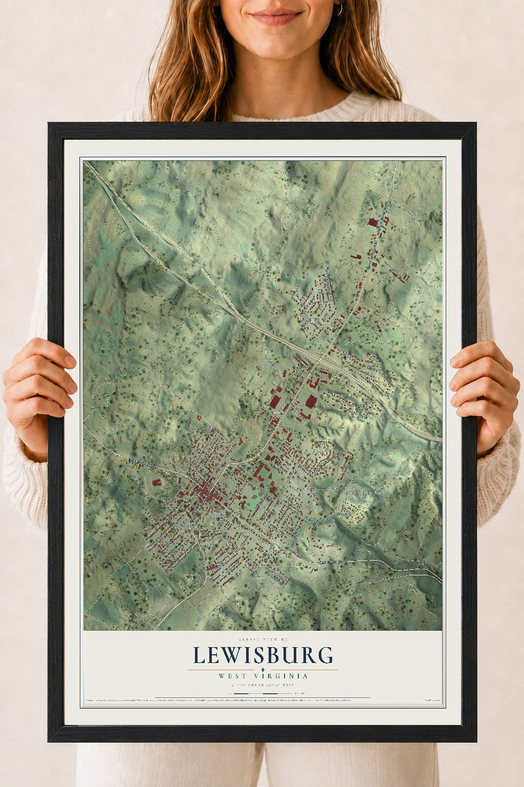 Map of Lewisburg, West Virginia, 18 x 24 inch print in a black wood frame