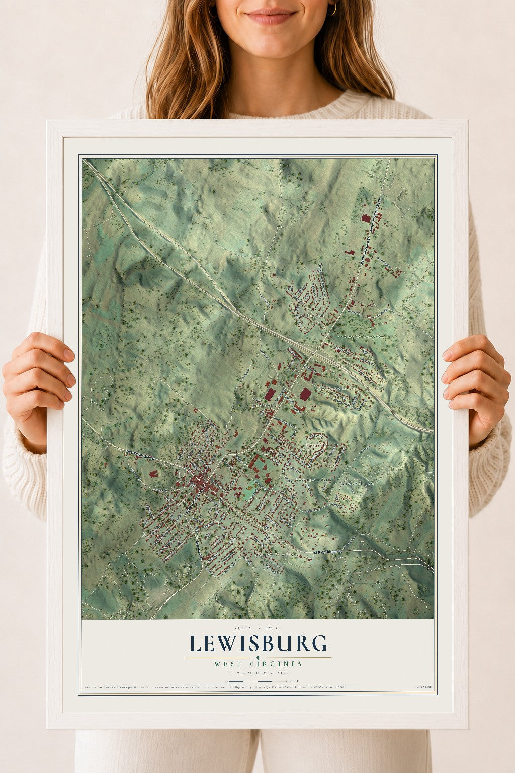 Map of Lewisburg, West Virginia, 18 x 24 inch print in a white wood frame