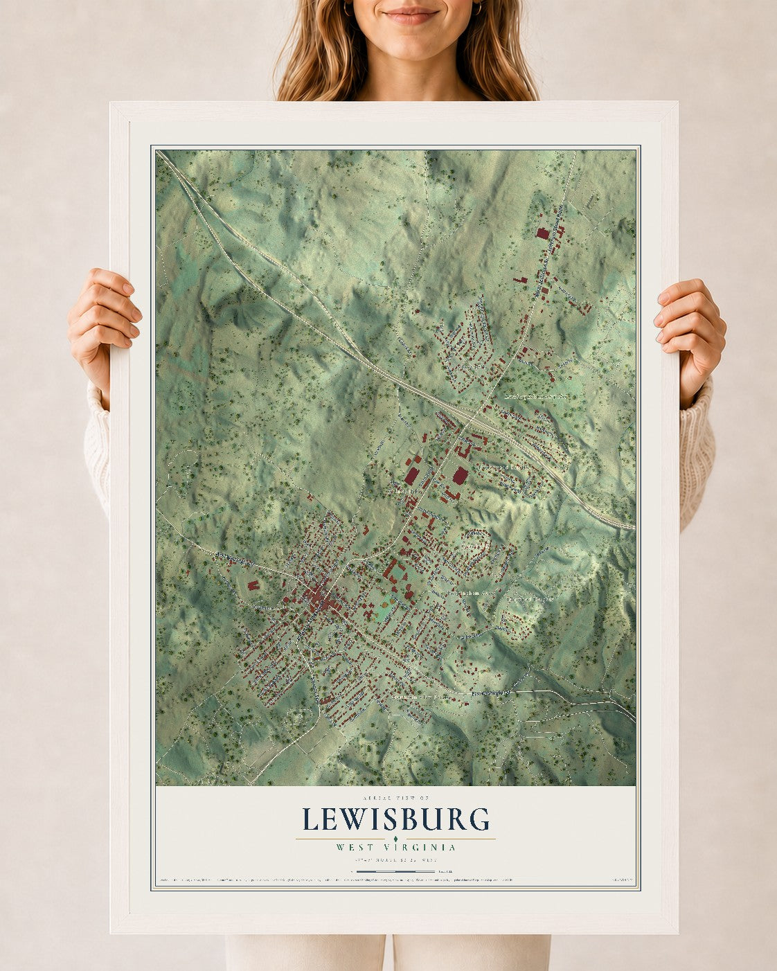 Map of Lewisburg, West Virginia, 24 x 36 inch print in a white wood frame