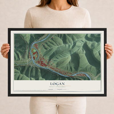 Map of Logan, West Virginia, 12 x 18 inch print in a black wood frame