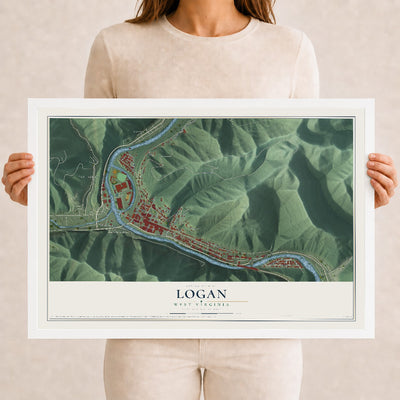 Map of Logan, West Virginia, 12 x 18 inch print in a white wood frame