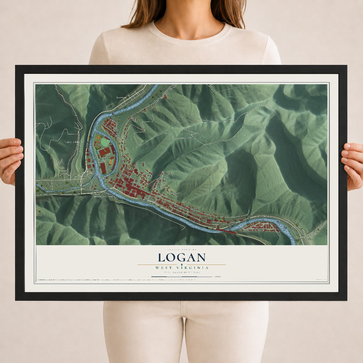 Map of Logan, West Virginia, 18 x 24 inch print in a black wood frame
