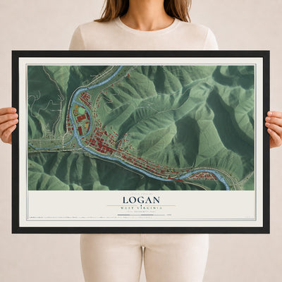 Map of Logan, West Virginia, 18 x 24 inch print in a black wood frame