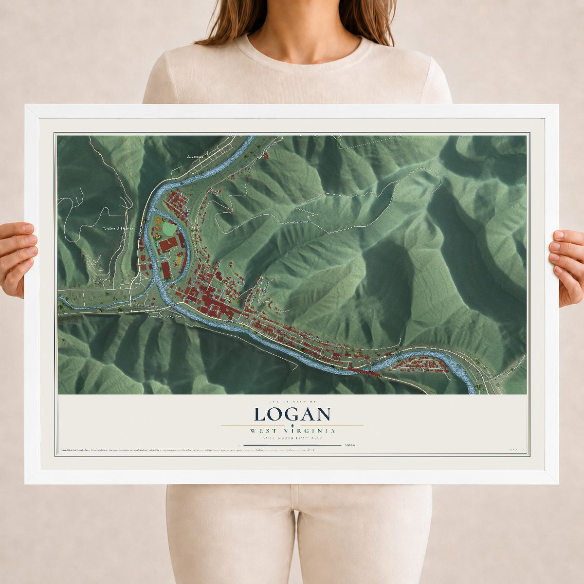 Map of Logan, West Virginia, 18 x 24 inch print in a white wood frame