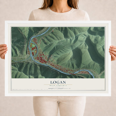 Map of Logan, West Virginia, 18 x 24 inch print in a white wood frame