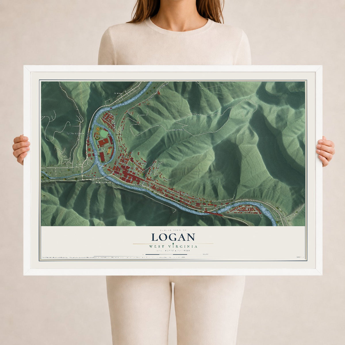 Map of Logan, West Virginia, 24 x 36 inch print in a white wood frame