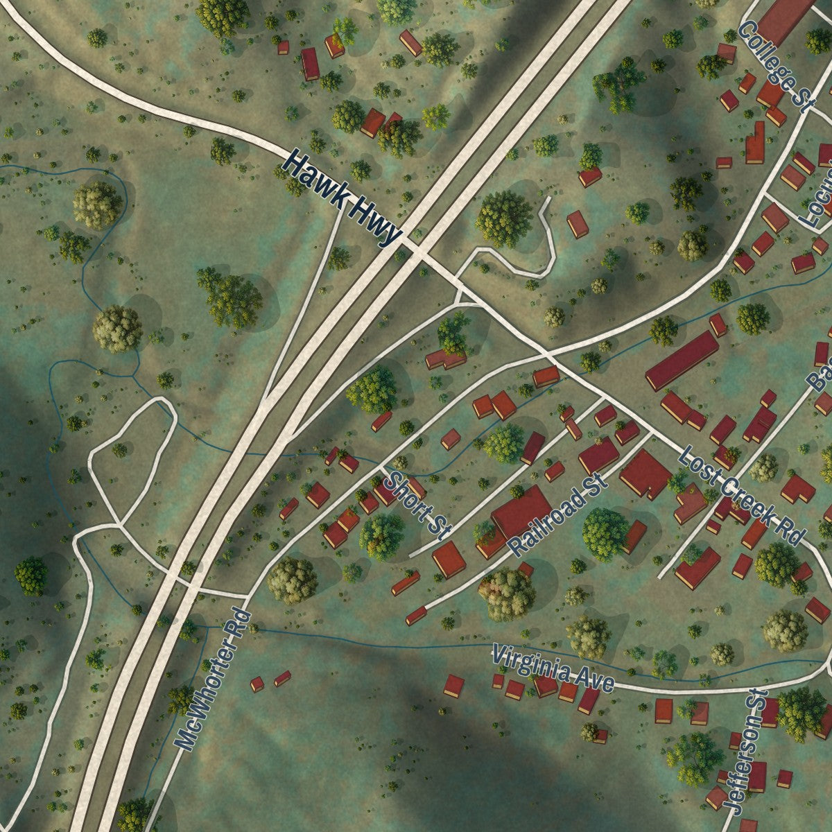 Close-up of the map of Lost Creek, West Virginia print showing street and building detail