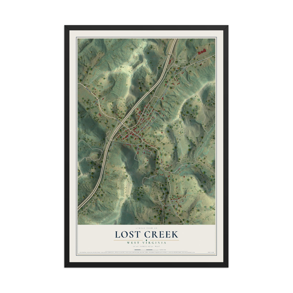 Map of Lost Creek, West Virginia, 12 x 18 inch print in a black wood frame