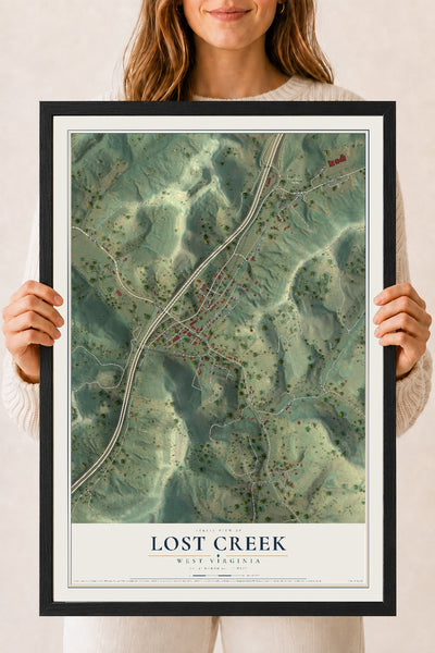 Map of Lost Creek, West Virginia, 18 x 24 inch print in a black wood frame