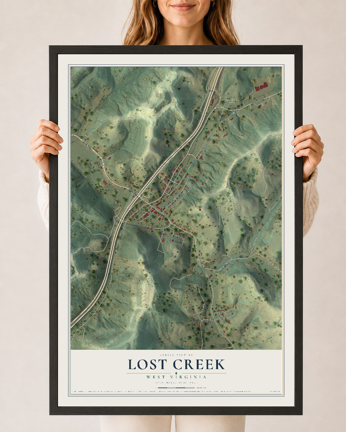 Map of Lost Creek, West Virginia, 24 x 36 inch print in a black wood frame