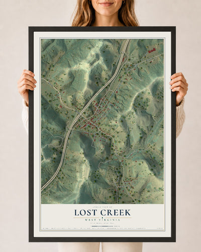 Map of Lost Creek, West Virginia, 24 x 36 inch print in a black wood frame