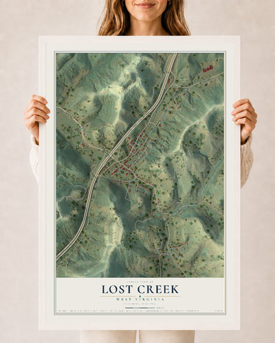 Map of Lost Creek, West Virginia, 24 x 36 inch print in a white wood frame