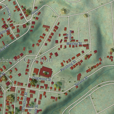 Close-up of the map of Mabscott, West Virginia print showing street and building detail
