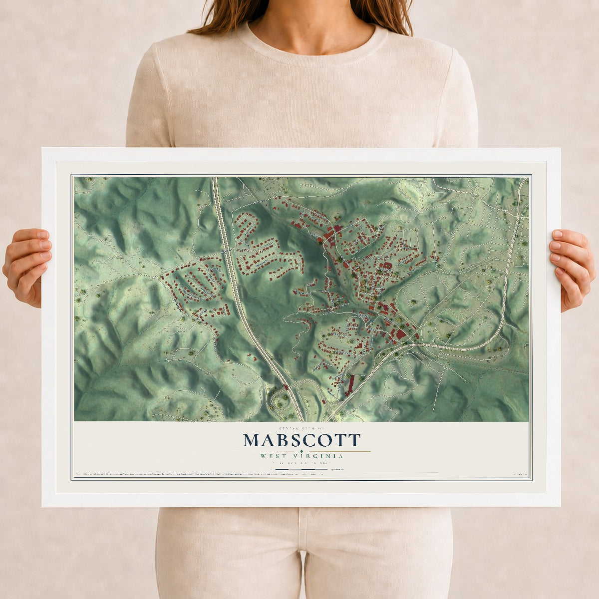 Map of Mabscott, West Virginia, 12 x 18 inch print in a white wood frame