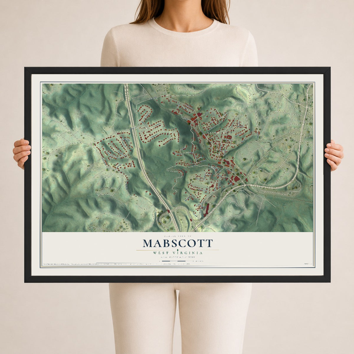 Map of Mabscott, West Virginia, 24 x 36 inch print in a black wood frame