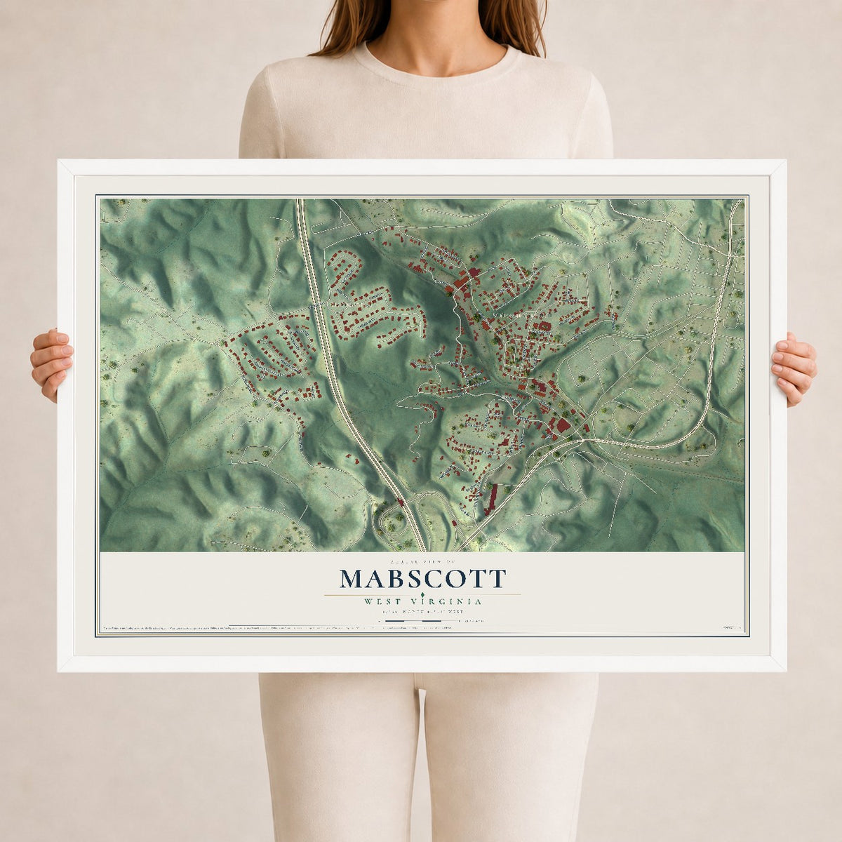 Map of Mabscott, West Virginia, 24 x 36 inch print in a white wood frame