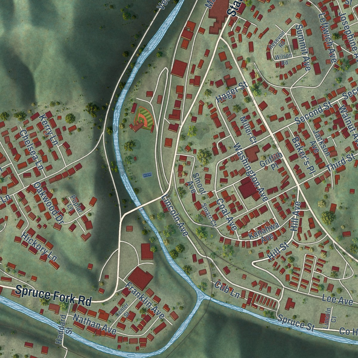 Close-up of the map of Madison, West Virginia print showing street and building detail