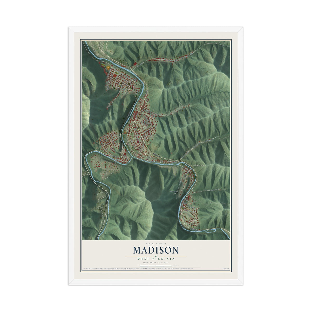 Map of Madison, West Virginia, 12 x 18 inch print in a white wood frame
