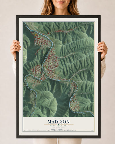 Map of Madison, West Virginia, 24 x 36 inch print in a black wood frame