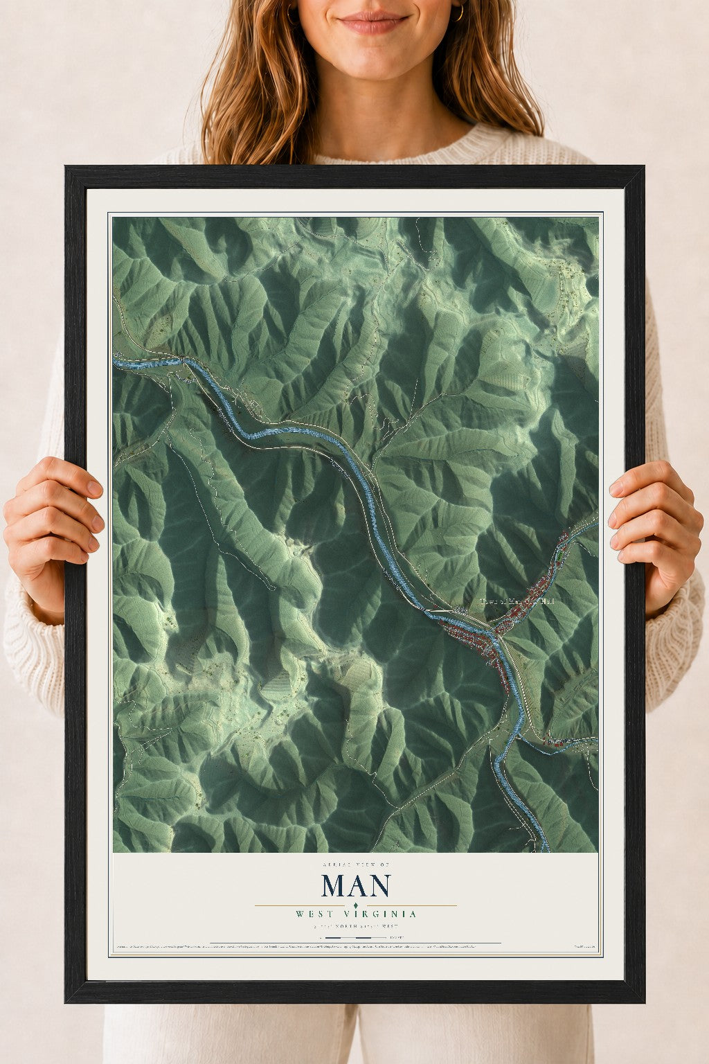 Map of Man, West Virginia, 18 x 24 inch print in a black wood frame