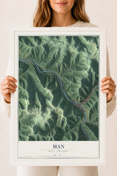 Map of Man, West Virginia, 18 x 24 inch print in a white wood frame