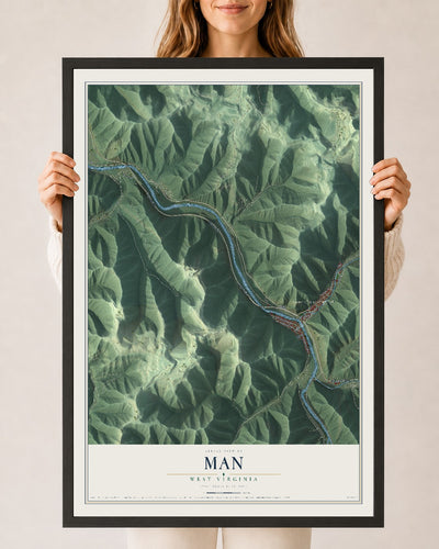 Map of Man, West Virginia, 24 x 36 inch print in a black wood frame