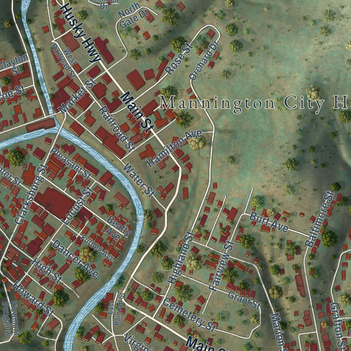 Close-up of the map of Mannington, West Virginia print showing street and building detail