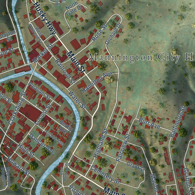 Close-up of the map of Mannington, West Virginia print showing street and building detail