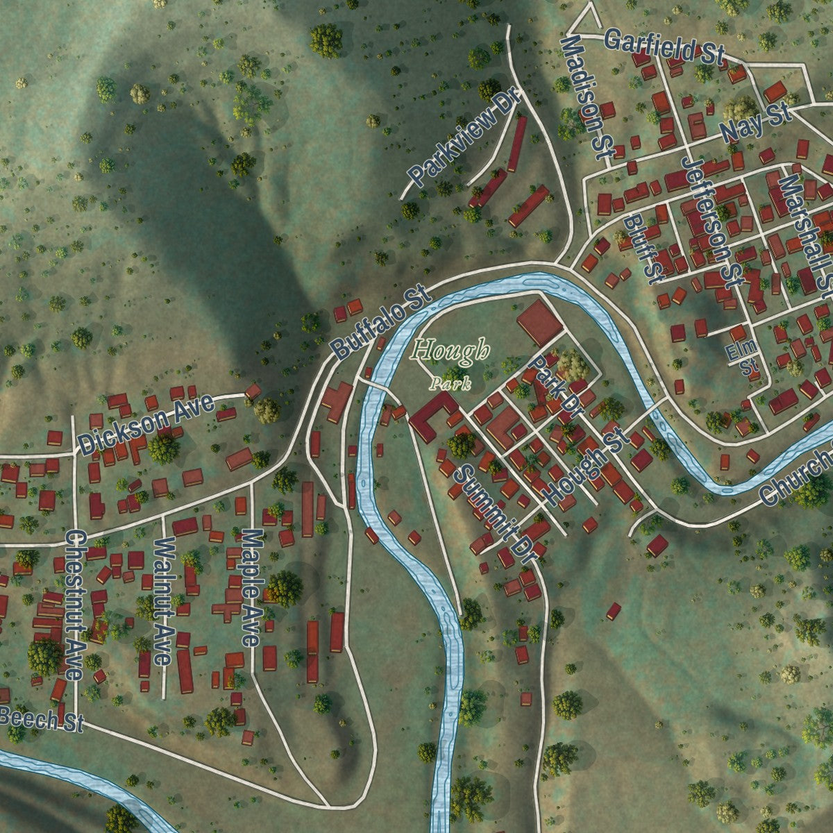 Second close-up of the map of Mannington, West Virginia print showing more streets and buildings