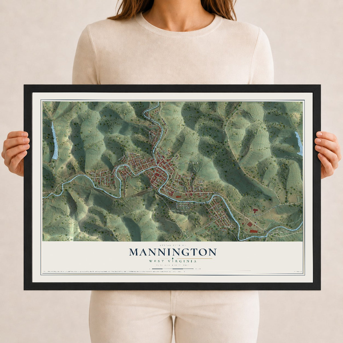 Map of Mannington, West Virginia, 12 x 18 inch print in a black wood frame