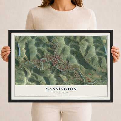 Map of Mannington, West Virginia, 12 x 18 inch print in a black wood frame