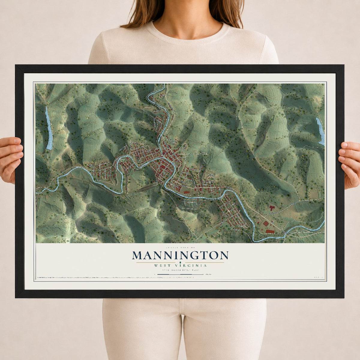 Map of Mannington, West Virginia, 18 x 24 inch print in a black wood frame