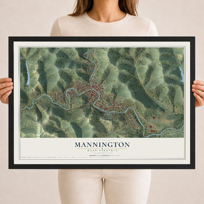 Map of Mannington, West Virginia, 18 x 24 inch print in a black wood frame