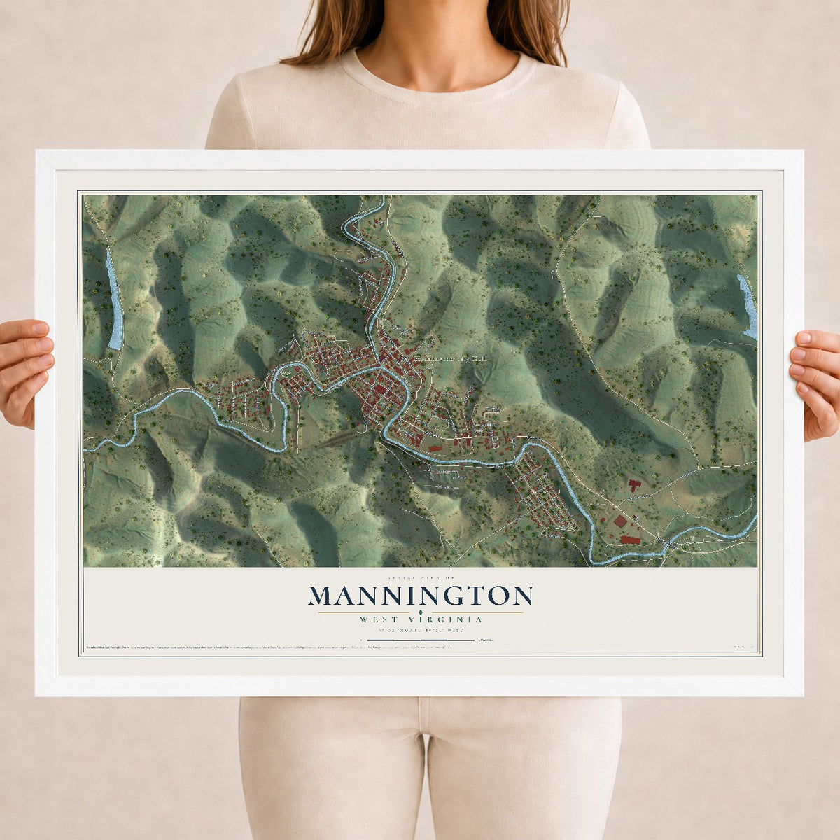 Map of Mannington, West Virginia, 18 x 24 inch print in a white wood frame