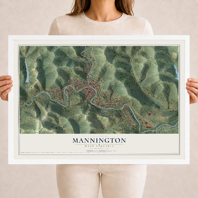 Map of Mannington, West Virginia, 18 x 24 inch print in a white wood frame