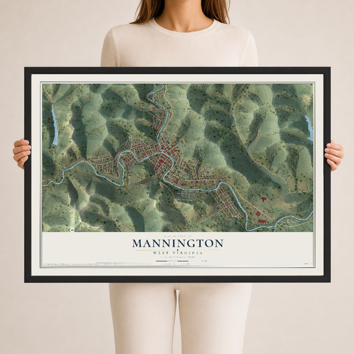 Map of Mannington, West Virginia, 24 x 36 inch print in a black wood frame